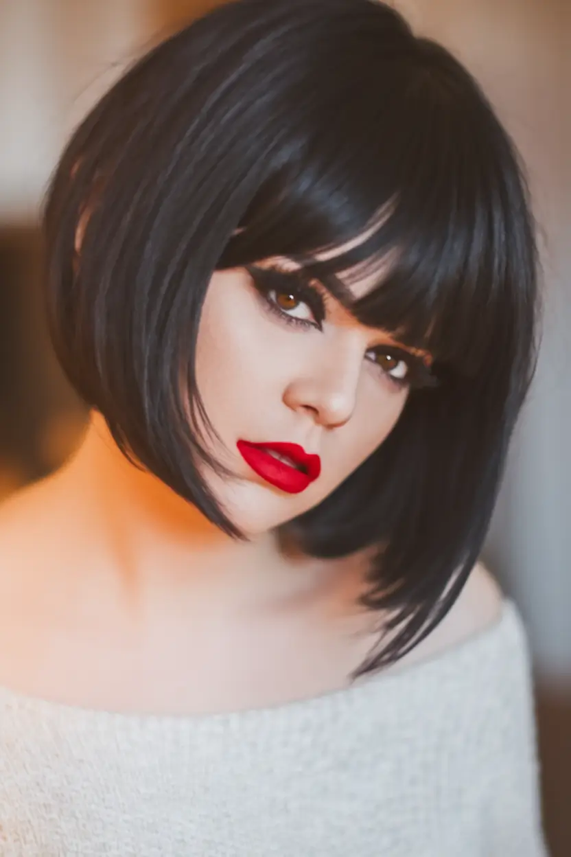hair color ideas black hair Rounded Jet Black Bob with Full Bangs