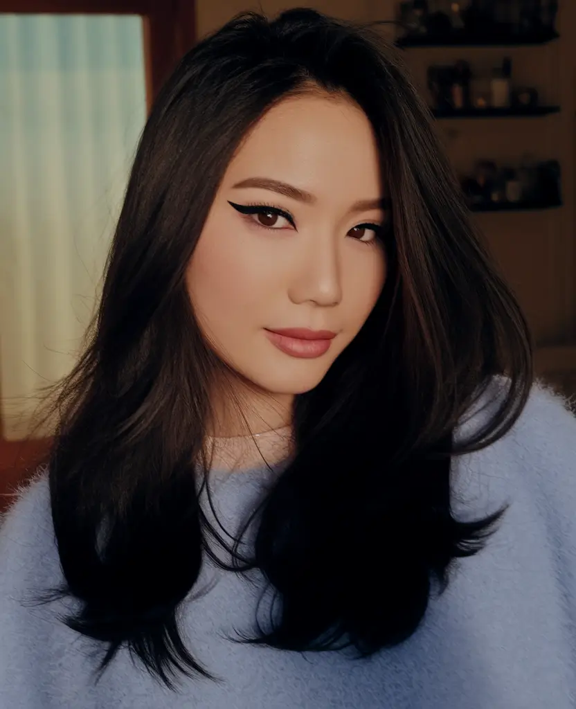 hair color ideas for black hair Feathered Black Layers with Subtle Gloss