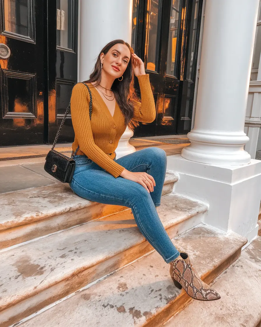 cute outfits latina women Spice-Toned Cardigan and Reptile-Chic Boots