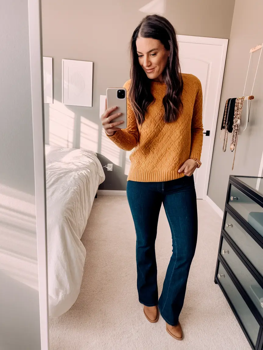 latina fall outfits women Cozy Mustard Layers and Flare Jeans for Everyday Vibes