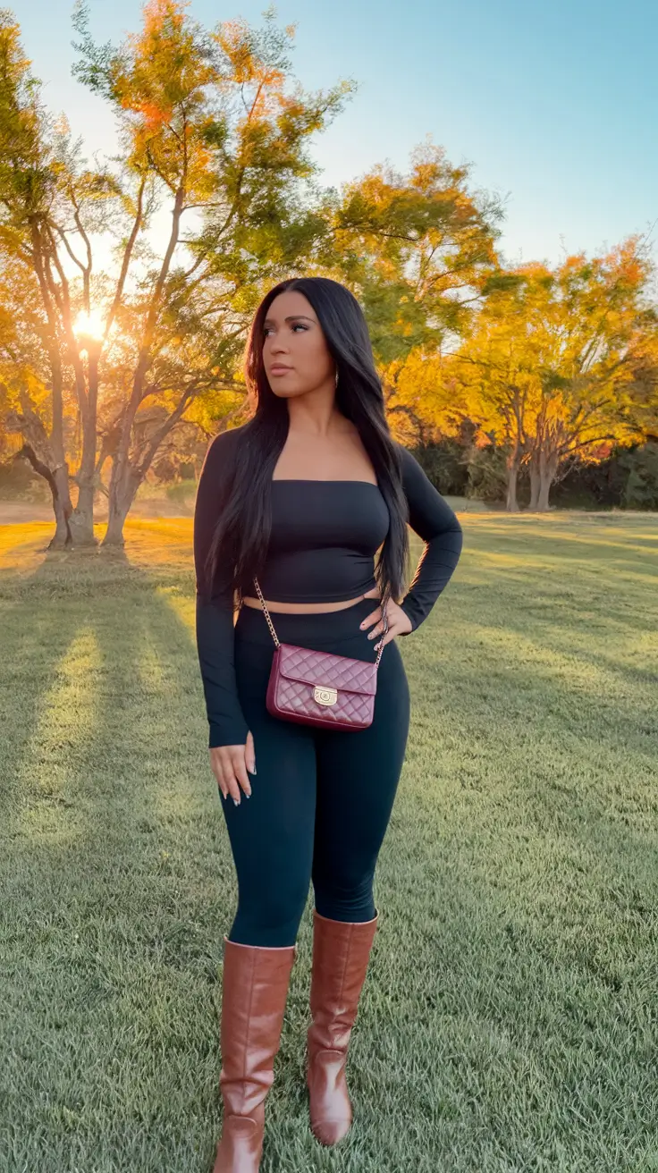 2000s outfits latina women Bold in All Black With a Pop of Fall Red