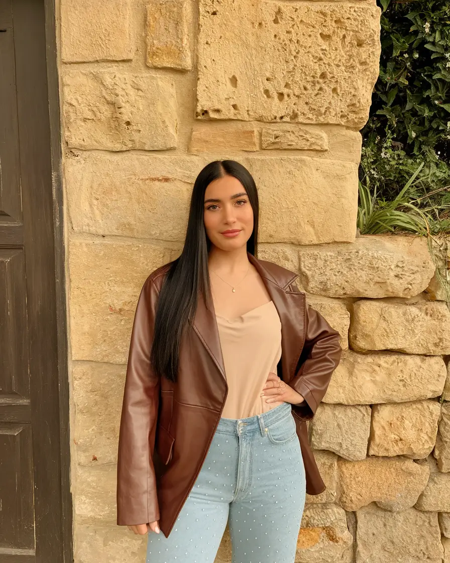 office outfits women latina Chocolate Leather and Pearl Denim Elegance
