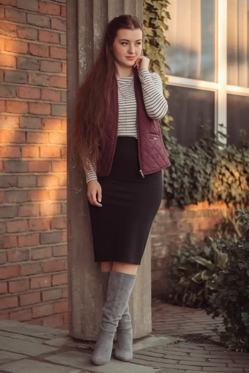 black vest outfits for women latina Stripes, Boots, and Smart Autumn Layers