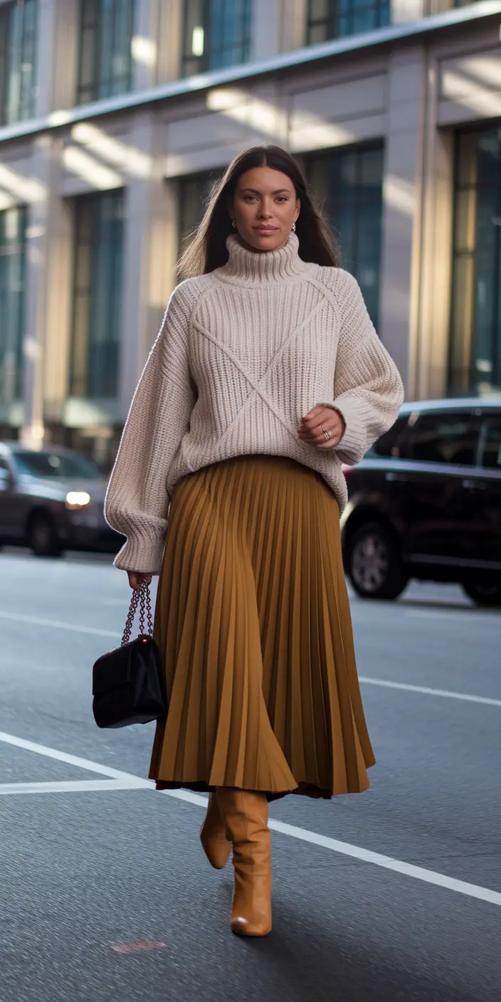 western latina outfits women Pleated Mustard Skirt and Oversized Turtleneck Drama