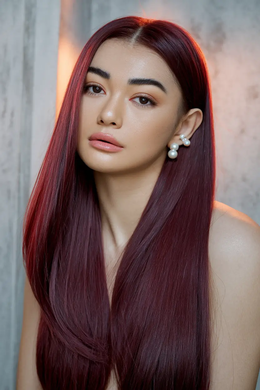 warm fall hair color dark Glossy Merlot Straight and Sleek