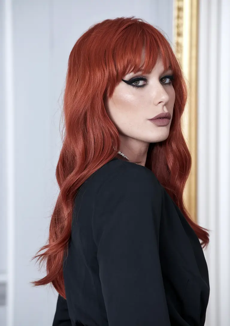 warm fall hair color brunettes Structured Cinnamon With a Femme Fatale Bang