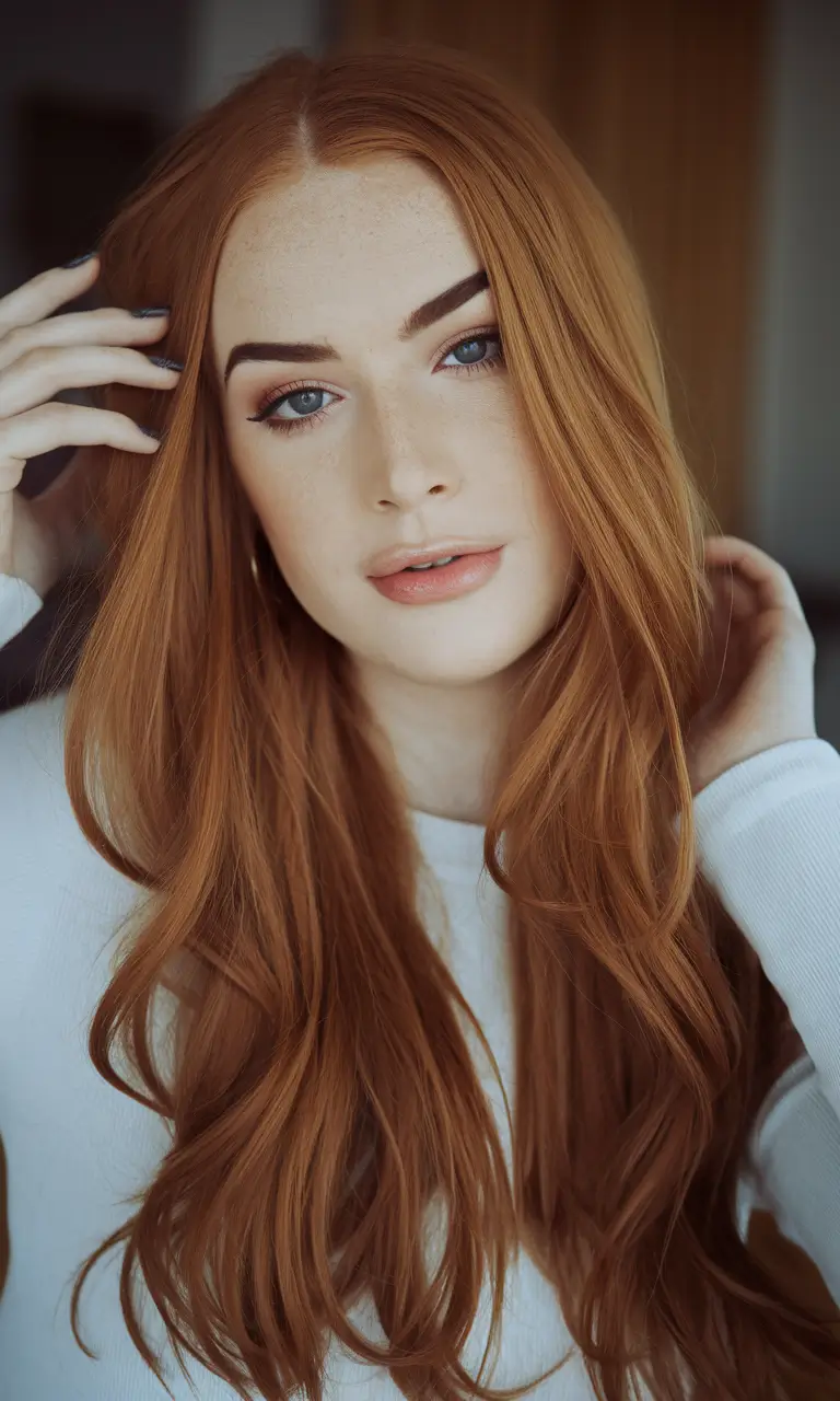 warm fall hair color light brown Soft Copper Melt With Luxurious Length