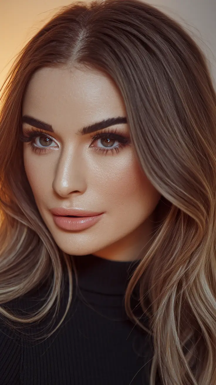 warm fall hair color blonde Smoky Hazelnut Balayage with a Cooler Core