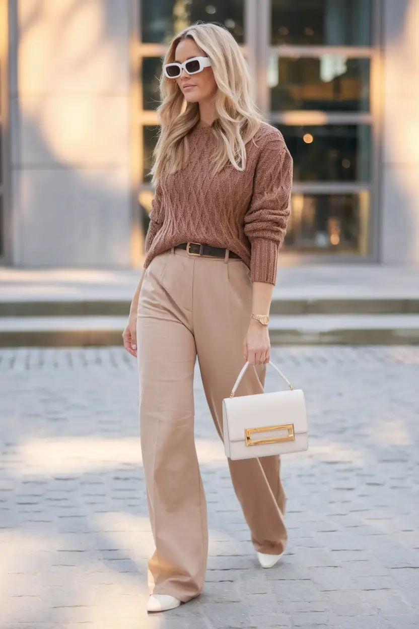 warm fall outfits weather casual Classic Caramel Knit With Soft Trousers