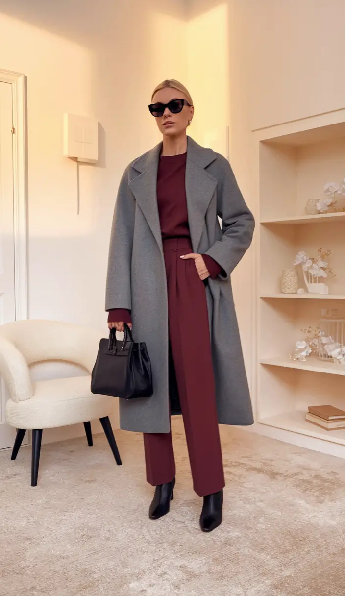 warm fall outfits work Muted Burgundy Elegance with a Grey Coat