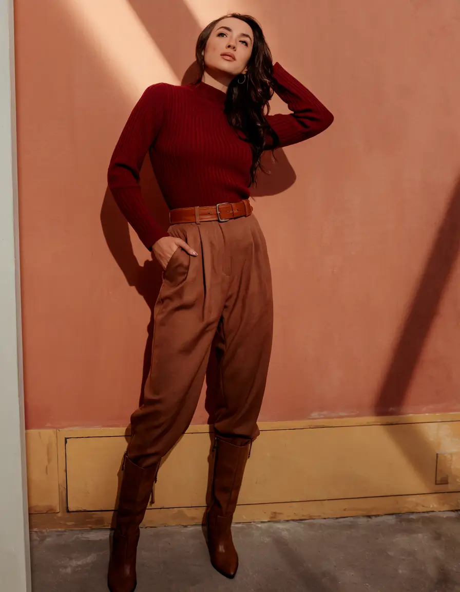 warm fall outfits work Burgundy Knit and Brown Boots for Understated Power