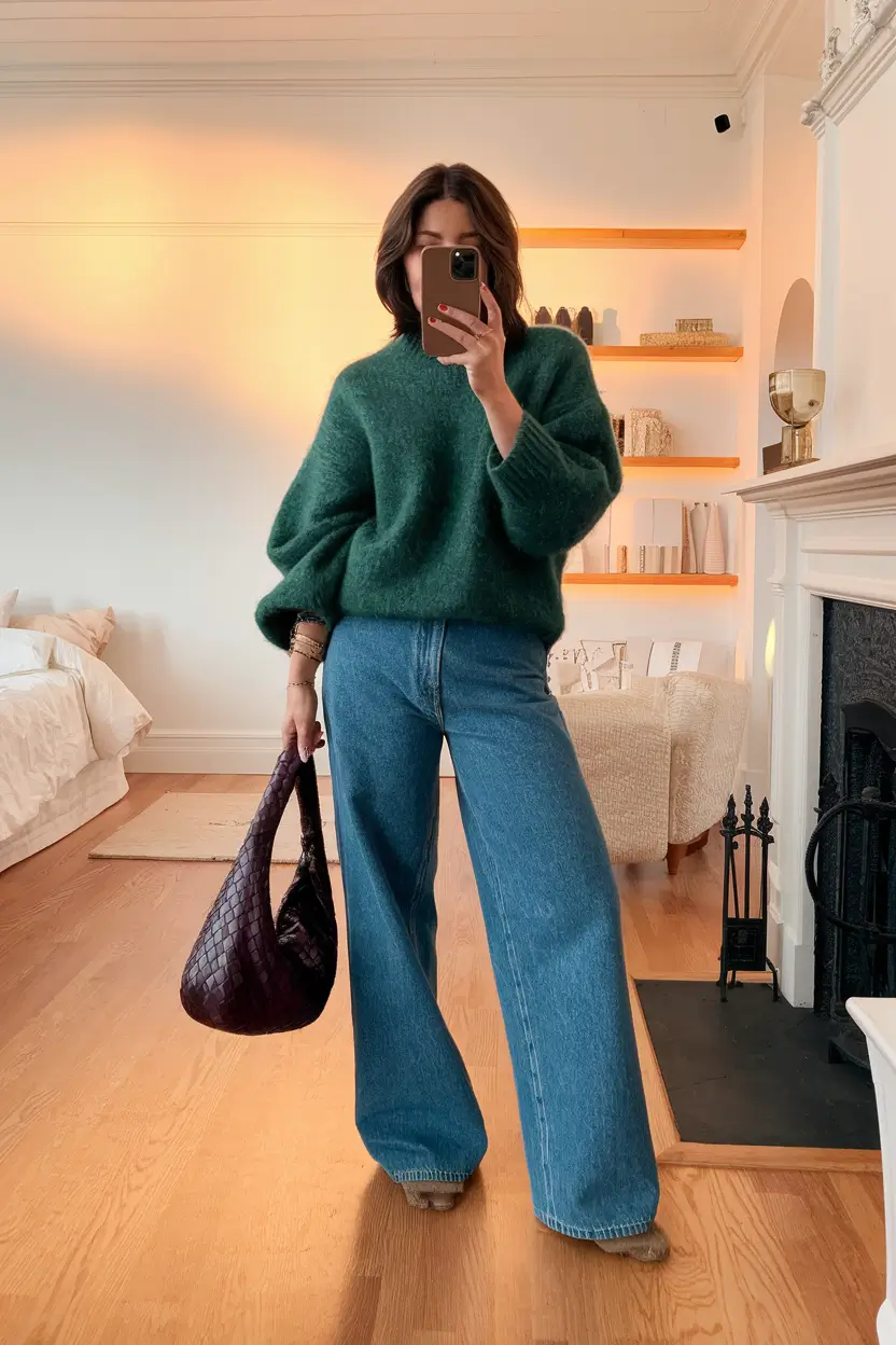 warm fall outfits casual Emerald Knit and Denim: Relaxed but Intentional