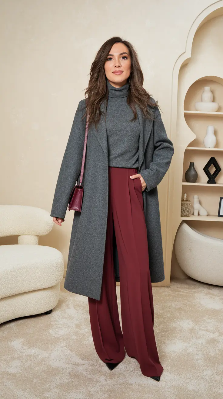 warm fall outfits work Muted Layers with a Statement Pant