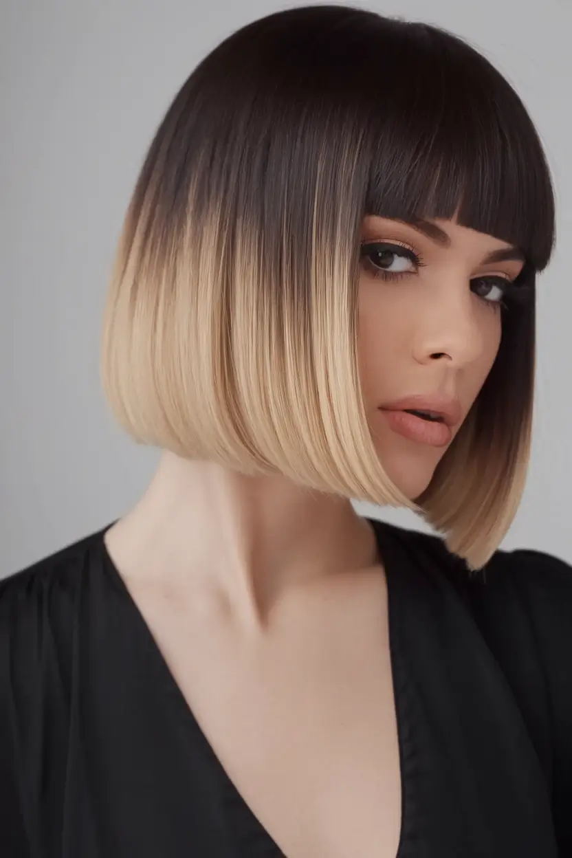 fall bob hairstyles blonde Ombre Precision Bob with Blunt Bangs