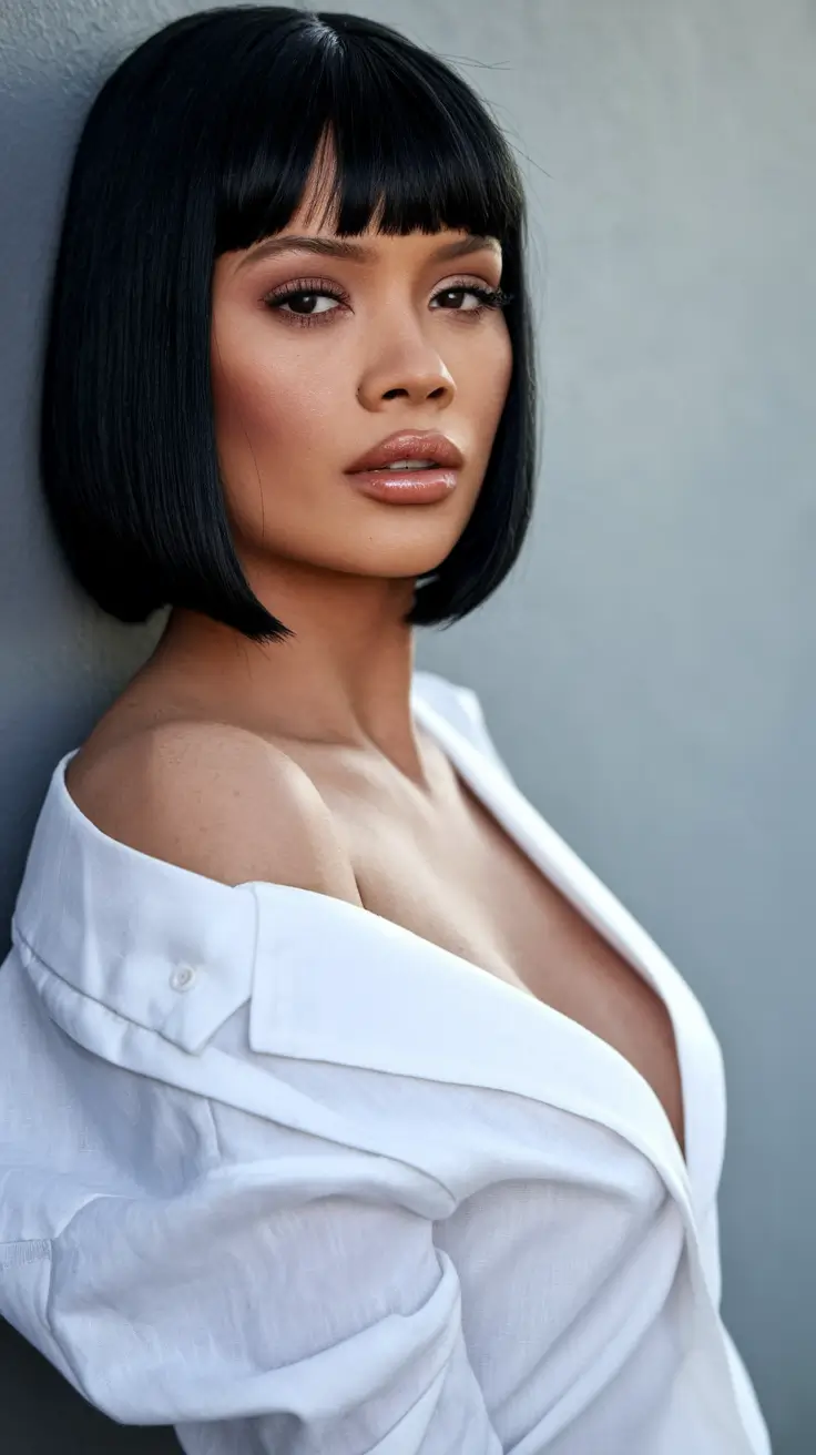 fall bob hairstyles black women Jet Black Sleek Bob with Soft Bangs