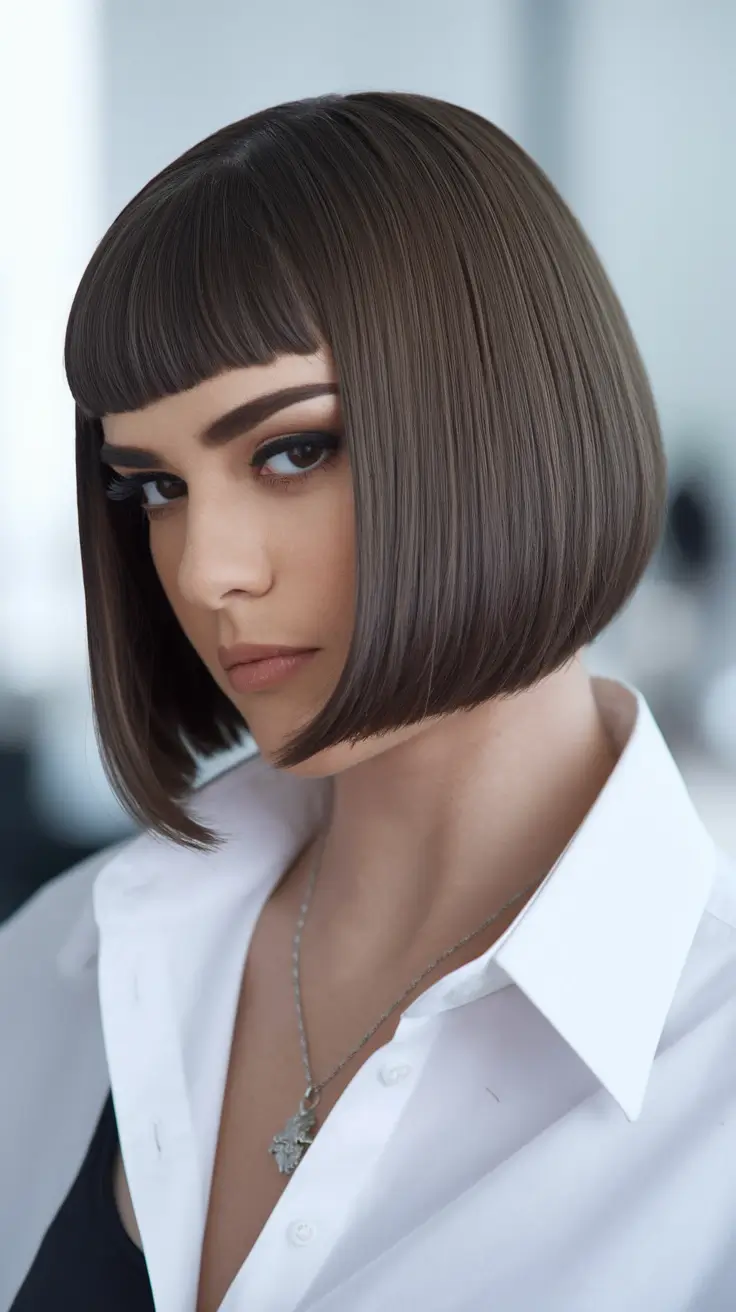 fall bob hairstyles cut and color short Classic Brunette Bob with Baby Bangs