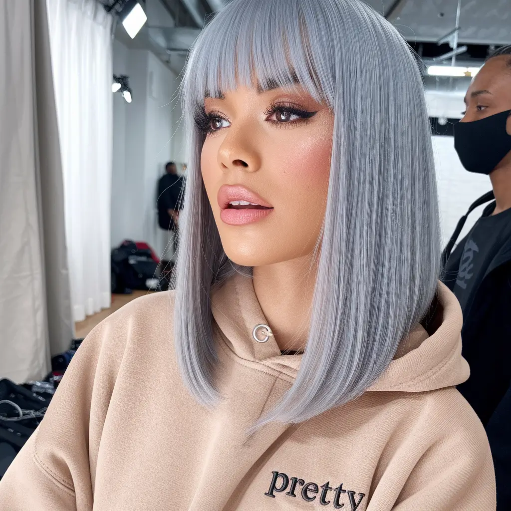 fall bob hairstyles with bangs Smoky Silver Lob with Full Bangs