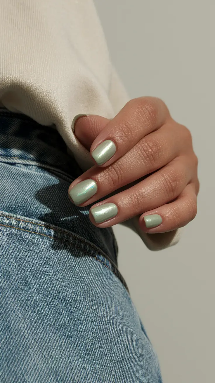 2025 early fall nails Sage Green Pearl Glow