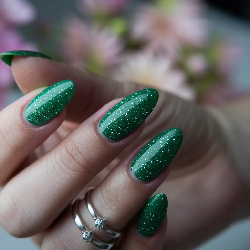 2025 early fall nails Glittering Forest Almond