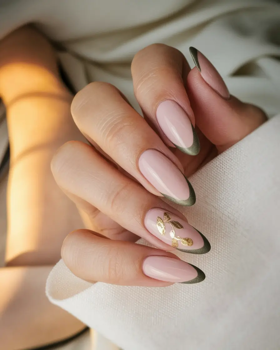 2025 early fall nails Olive French with Gold Detail