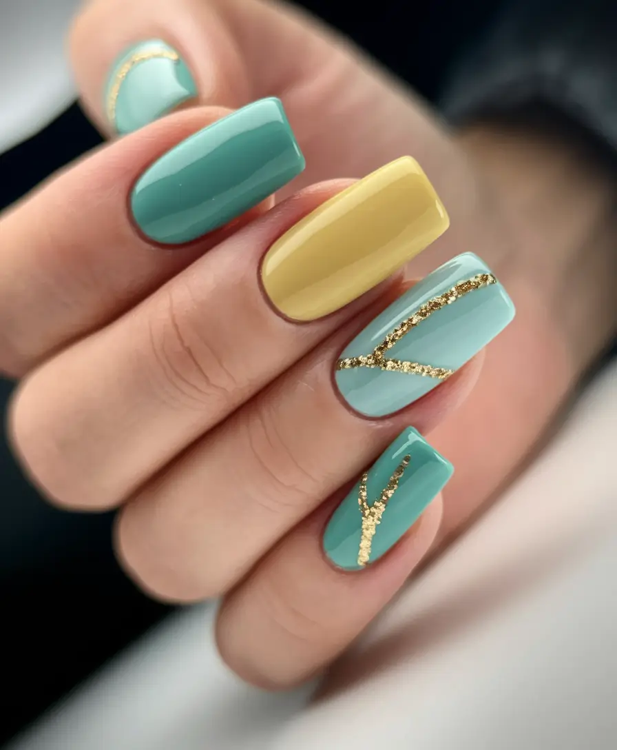 2025 early fall nails Teal and Mustard Geometry
