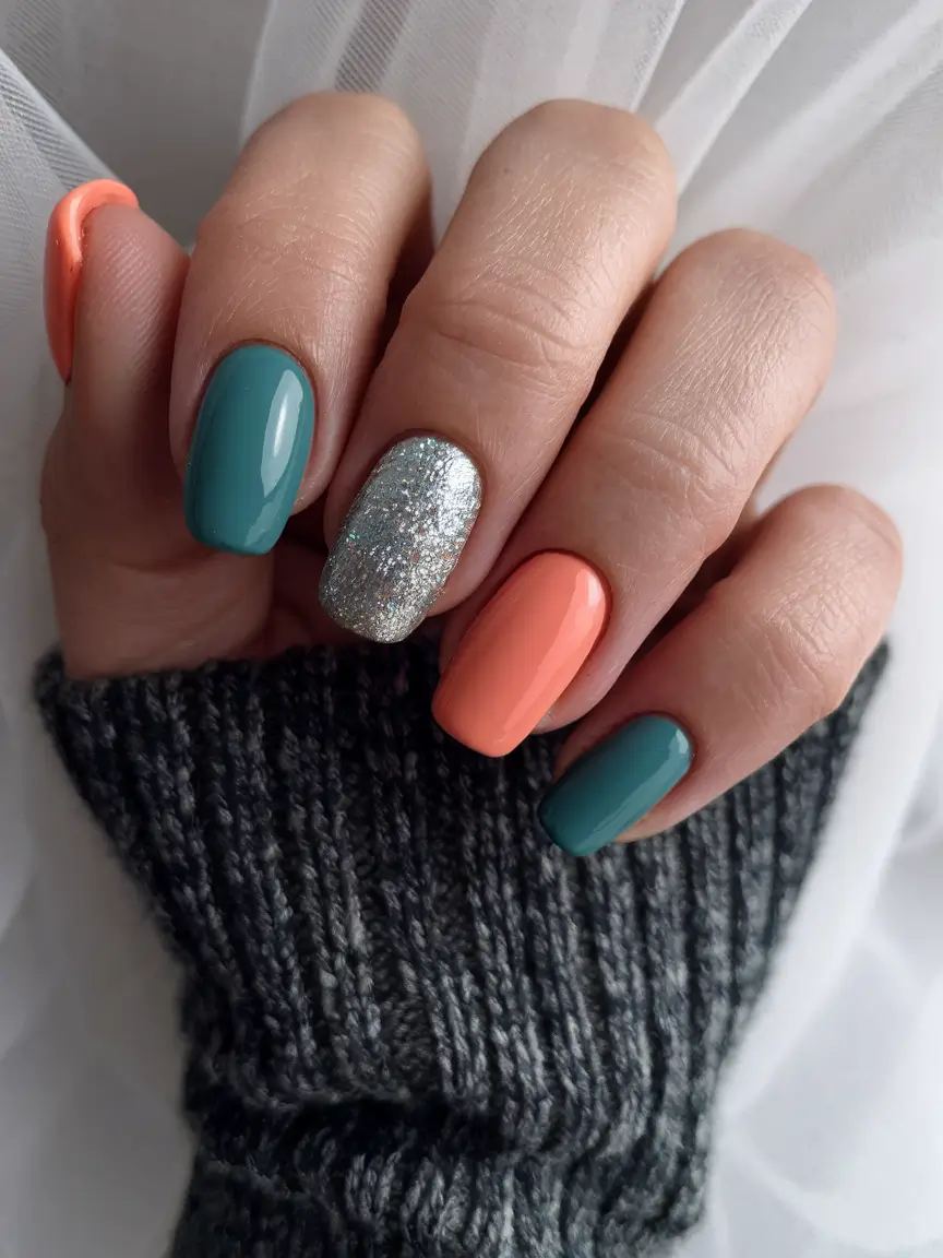 2025 early fall nails Silver Accent with Coral Pop