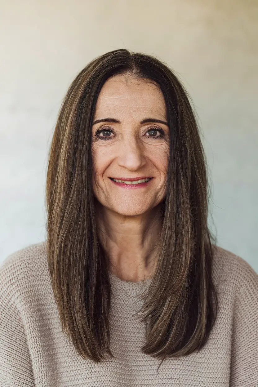 Fall 2025 Hairstyles That Flatter 60+ Women Long Sleek Brunette Hair