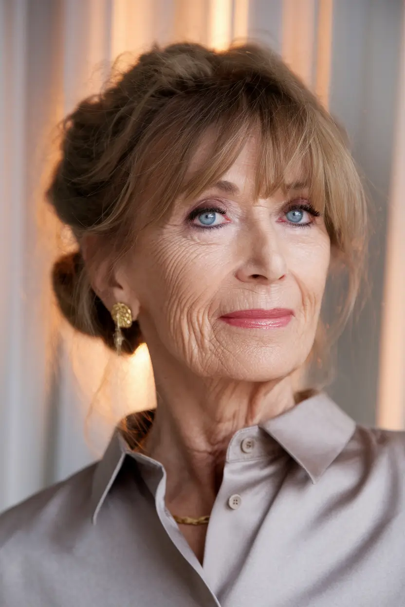 Fall 2025 Hairstyles That Flatter 60+ Women Chic Updo with Bangs