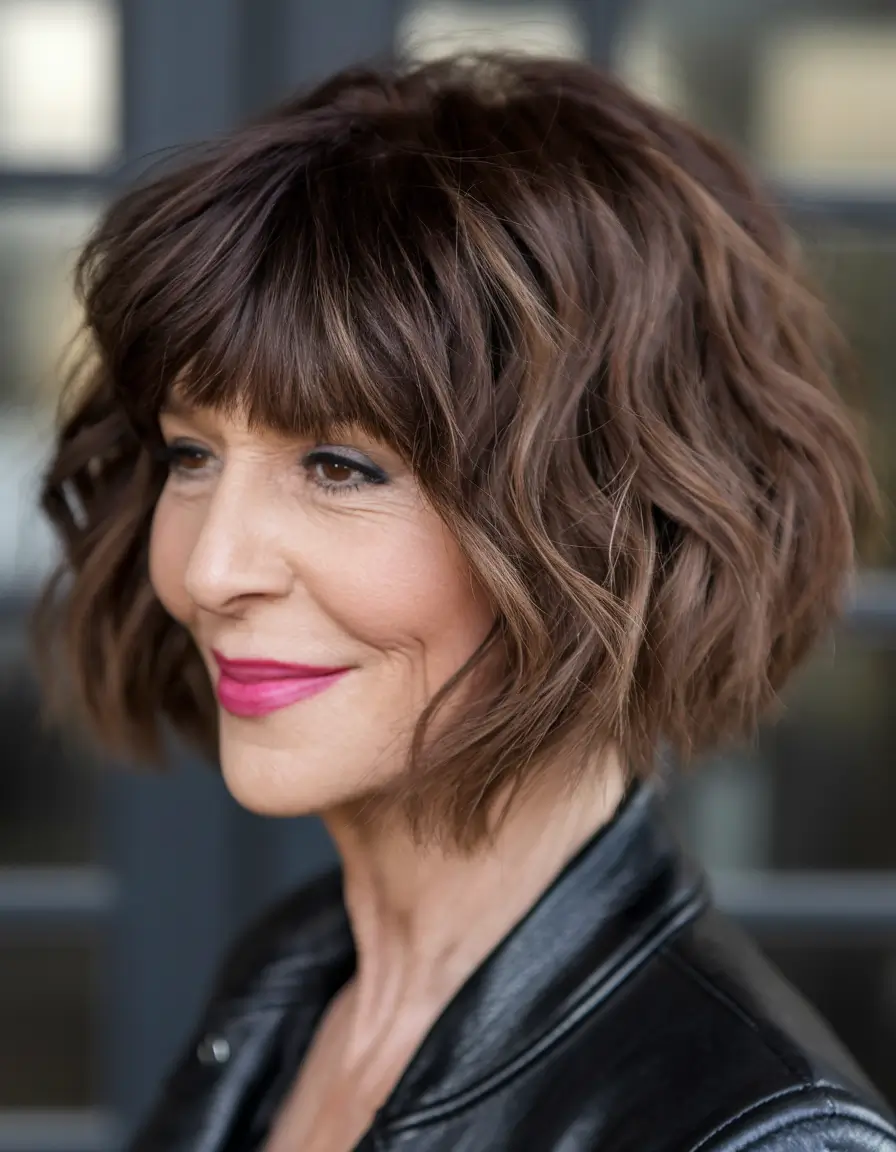 Fall 2025 Hairstyles That Flatter 60+ Women Textured Short Bob with Bangs