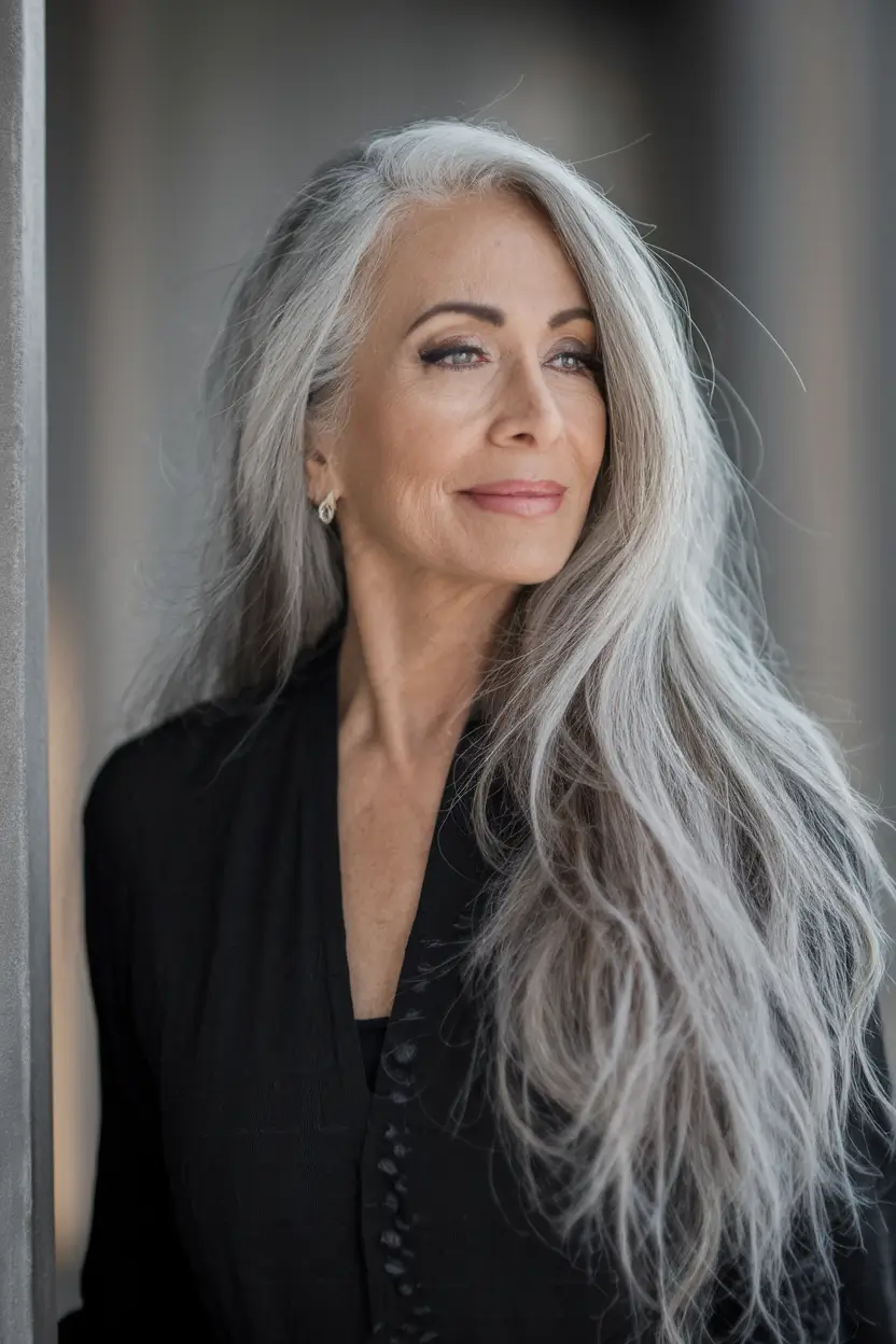 Fall 2025 Hairstyles That Flatter 60+ Women Long Silver Waves