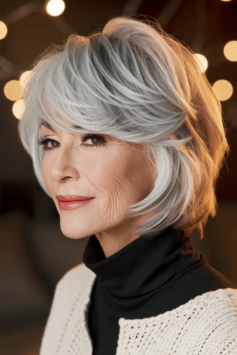 Age-Defying hairstyles for Women 50: Fall Trends 2025 Silver Feathered Bob