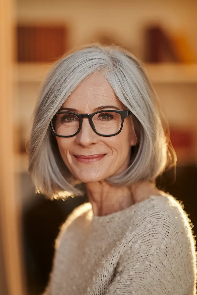 Age-Defying hairstyles for Women 50: Fall Trends 2025 Sleek Gray Long Bob with Glasses
