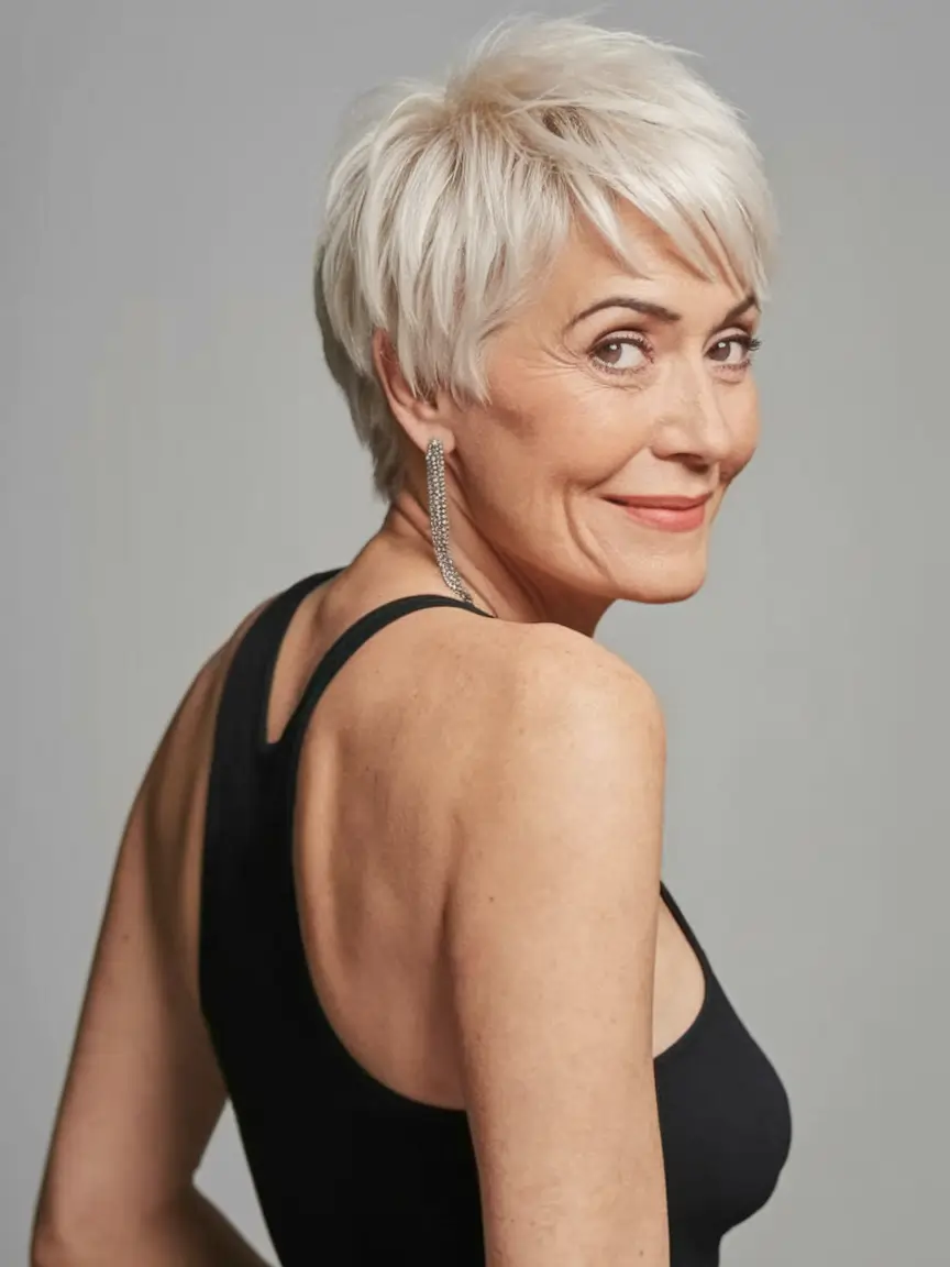 Age-Defying hairstyles for Women 50: Fall Trends 2025 Platinum Pixie with Edge