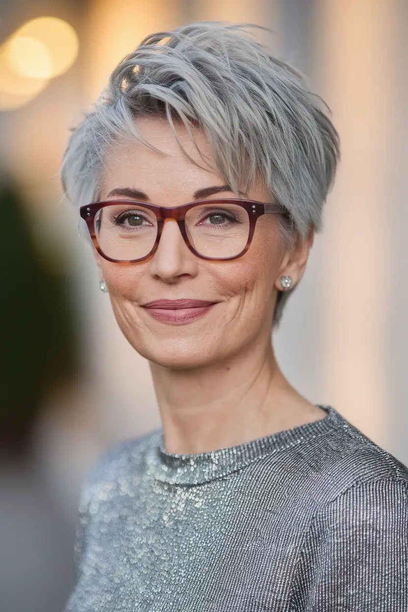 Age-Defying hairstyles for Women 50: Fall Trends 2025 Modern Textured Pixie with Glasses