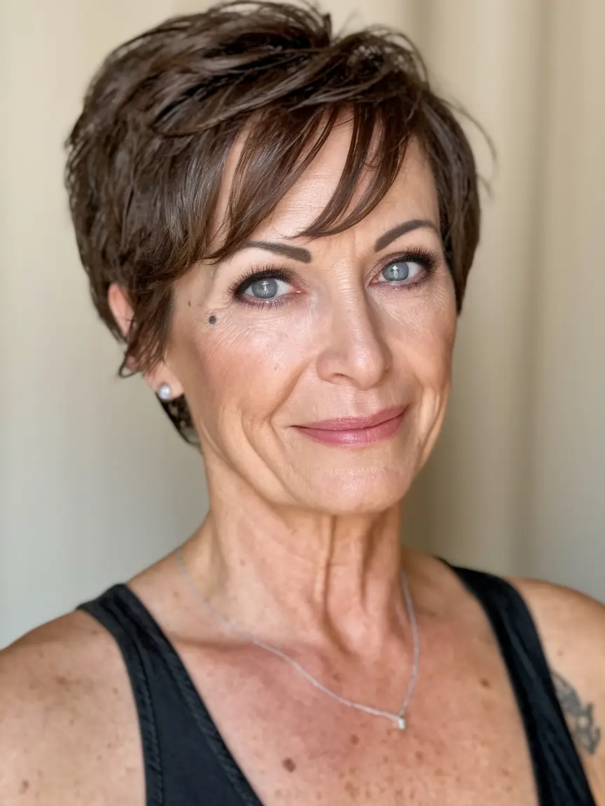 Age-Defying hairstyles for Women 50: Fall Trends 2025 Short Textured Pixie with Bangs