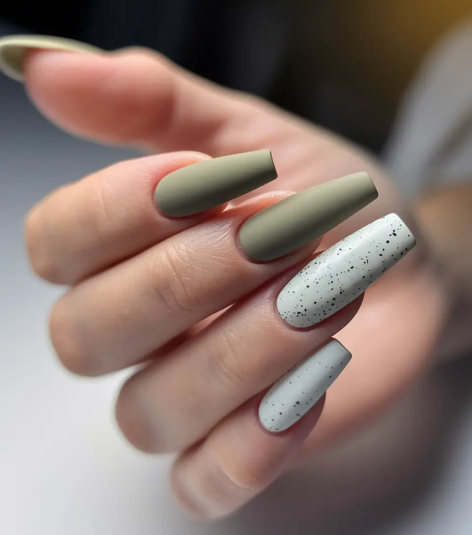 autumn nails colors Olive Green with Speckled Accents