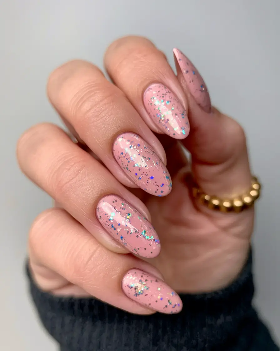 autumn nails colors Soft Pink with Starry Glitter