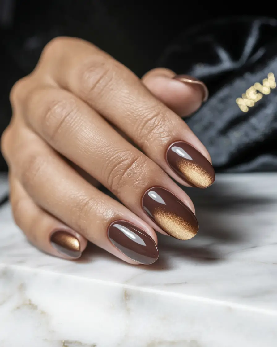 autumn nails colors Chocolate Brown with Metallic Ombre