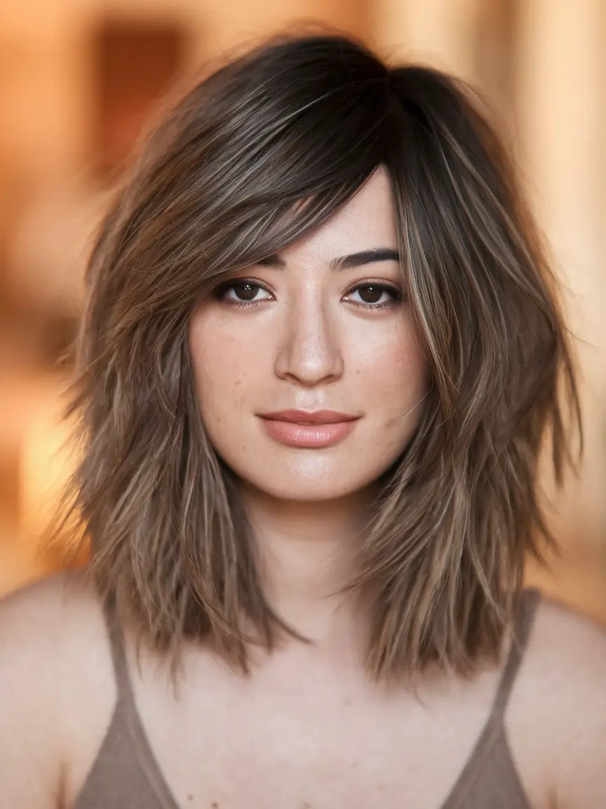 fall shag haircuts Textured Chestnut Shag with Side Fringe