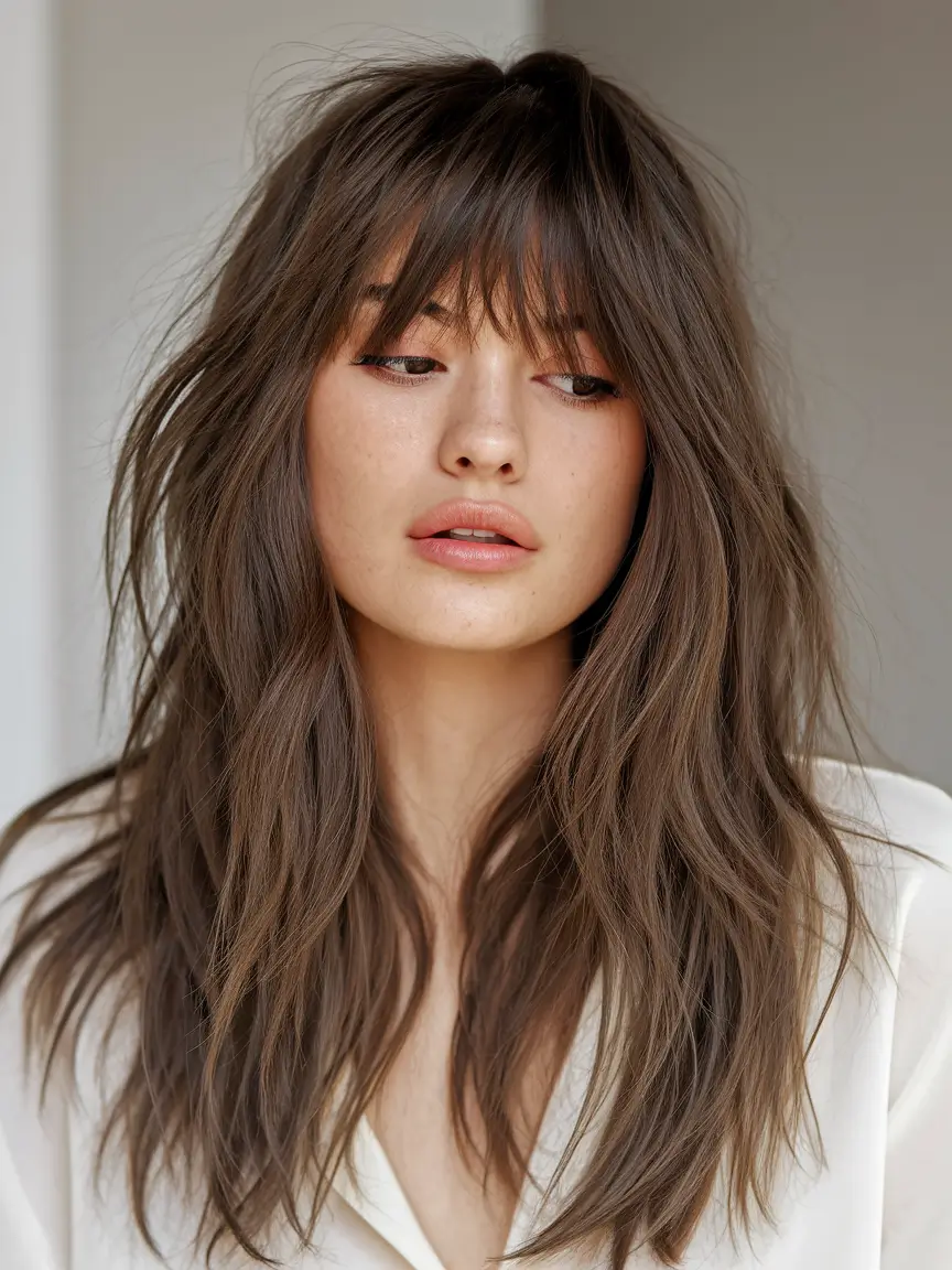 long shag haircut fall Layered Espresso Shag with Soft Bangs