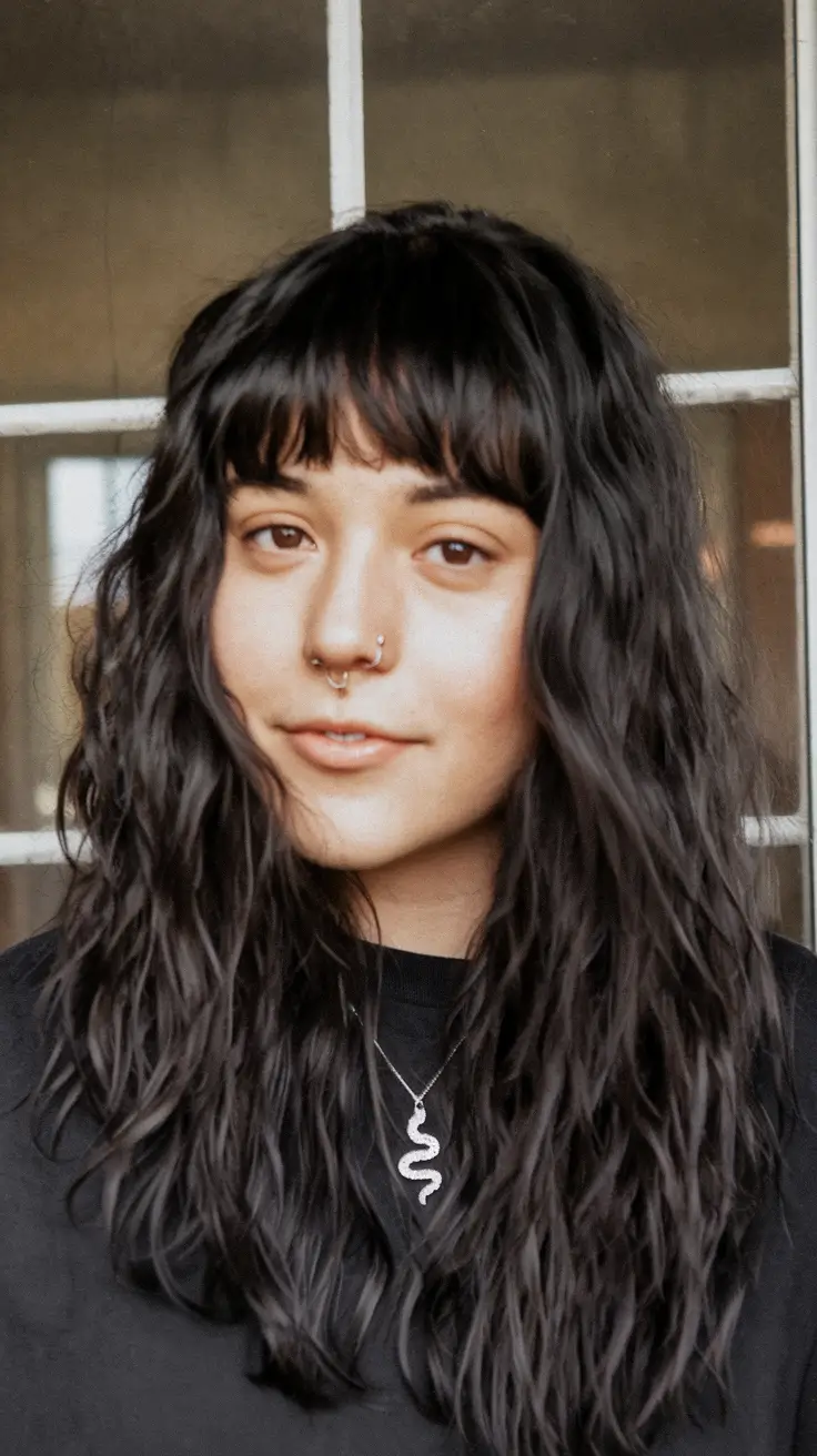 fall shag haircuts Natural Wavy Shag with Textured Bangs