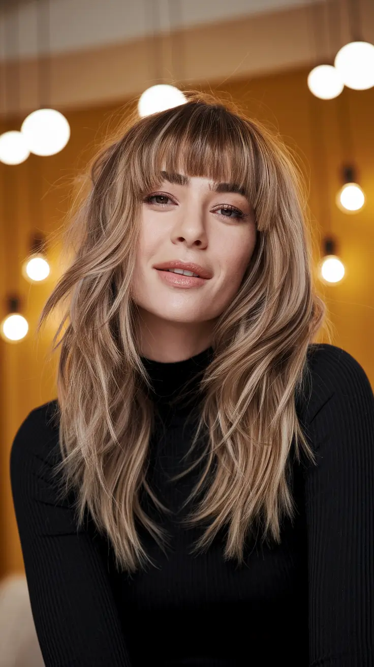 long shag haircut fall Soft Caramel Shag with Curtain Bangs