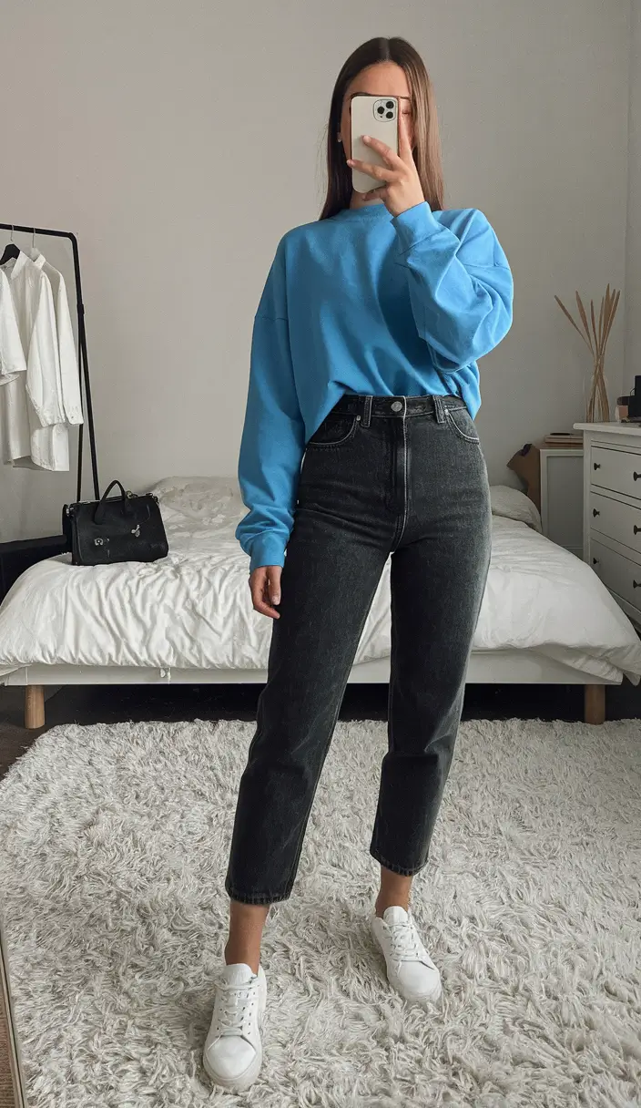 fall outfits with jeans women Effortless Street-Style Energy in Electric Blue