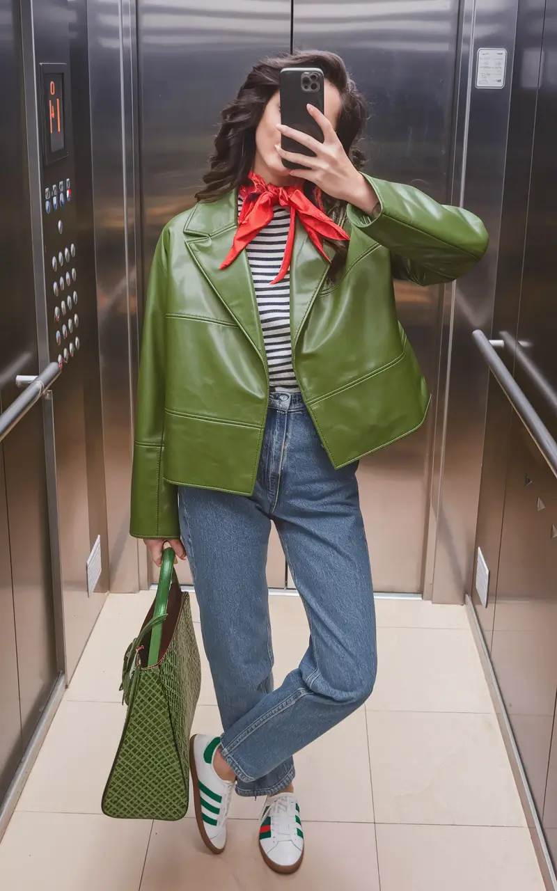 fall outfits with jeans and jacket Playful Parisian Twist with Bold Green Leather