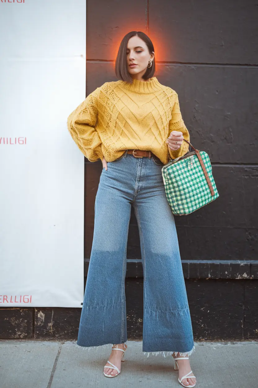 fall outfits with jeans and sweater Golden Hour Glow with Wide-Leg Denim