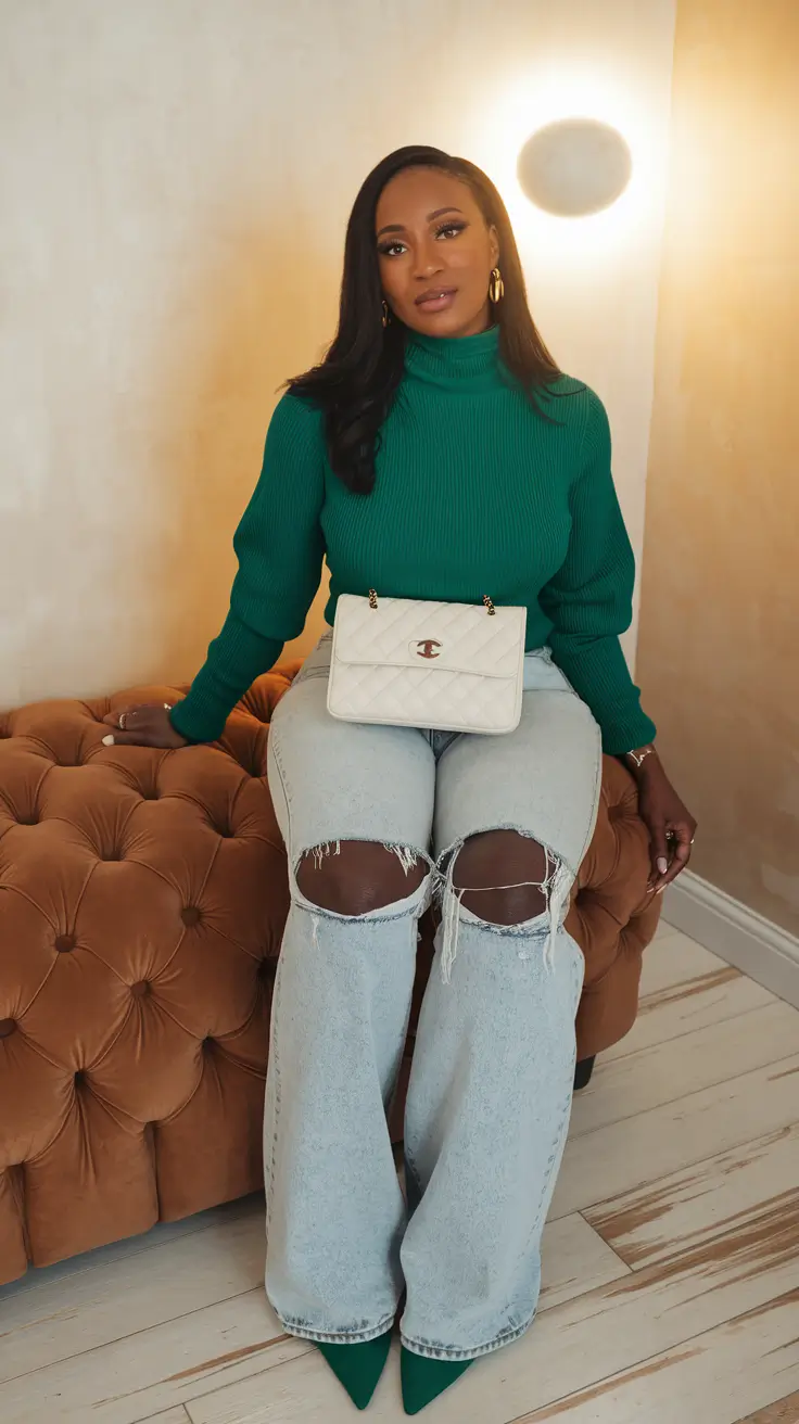 fall outfits black women shein Emerald Luxe with Distressed Denim