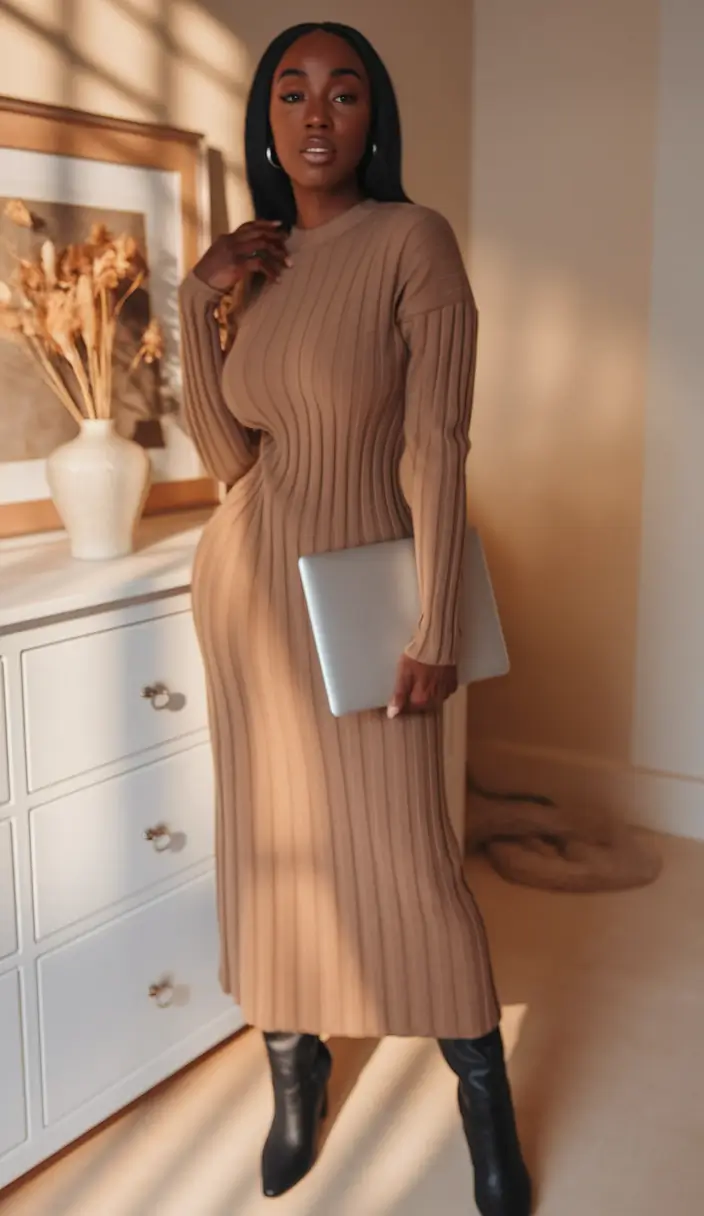 fall outfits black women Ribbed Dress with Power Lines