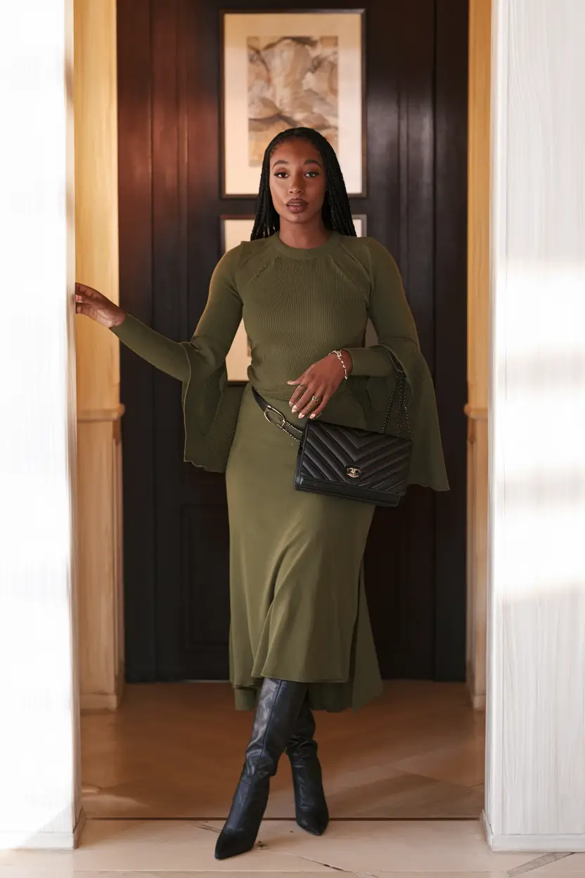 fall outfits black women Olive Elegance with Dramatic Sleeves