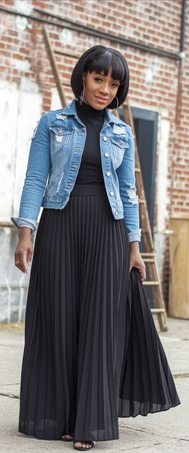 fall outfits black women Denim Edge with a Flowing Skirt
