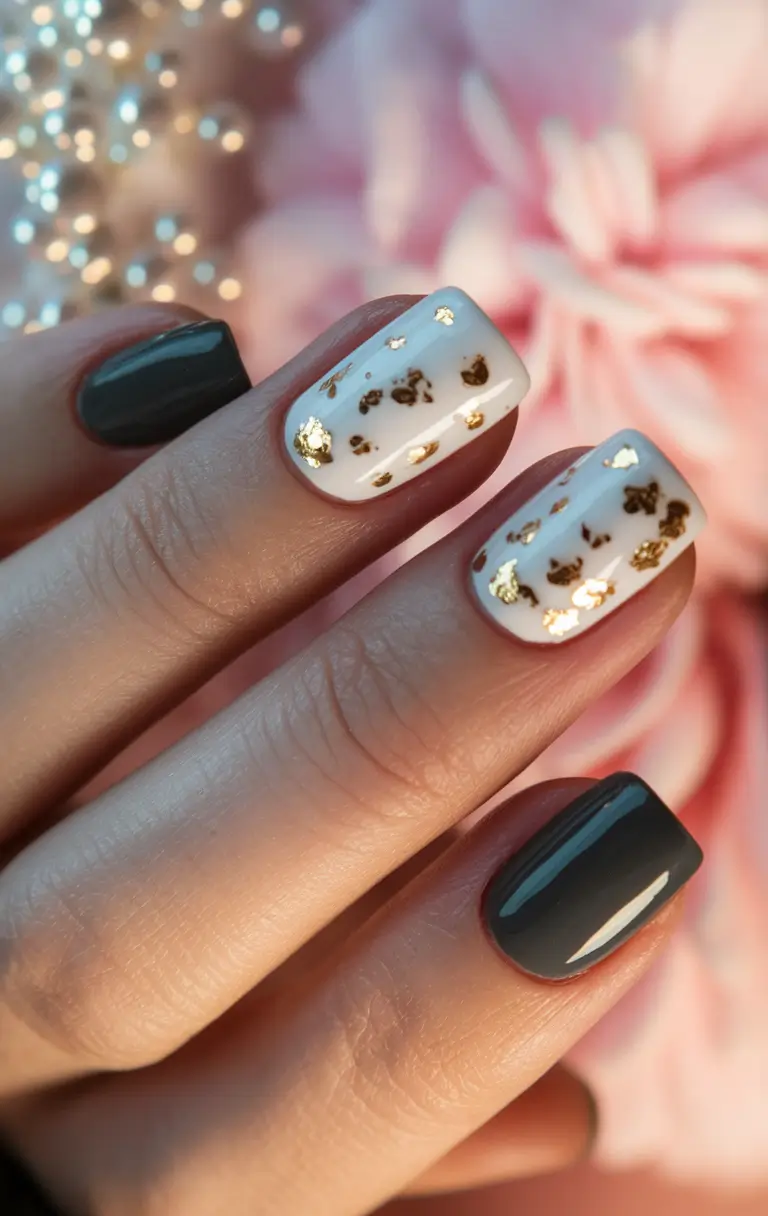 fall gel nails Chic Contrast with Gold Accents